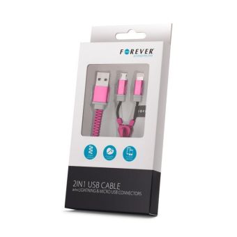 FOREVER 2v1 micro USB kábel zips micro USB & Lightning Iphone 5 ružový