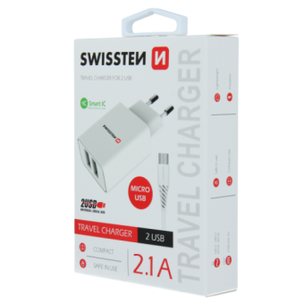 Nabíjačka Swissten Smart IC 2 x USB + Micro Usb kábel, 2.1A, 10,5W - biela