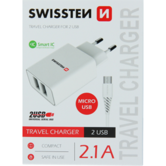Nabíjačka Swissten Smart IC 2 x USB + Micro Usb kábel, 2.1A, 10,5W - biela