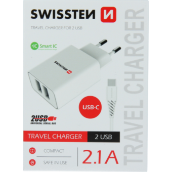 Nabíjačka Swissten Smart IC 2 x USB + USB-C kábel, 2.1A, 10,5W biela