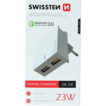 Nabíjací adaptér Swissten 2 x USB,  Quick Charge 3.0, max 23W biely