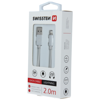 Dátový kábel opletený Swissten USB/Lightning (8 pin) 3.0A, 2.0m strieborný