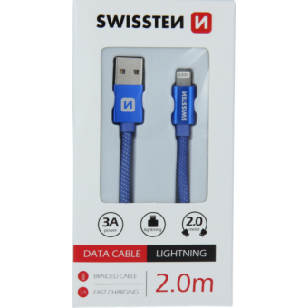 Dátový kábel opletený Swissten USB/Lightning (8 pin) 3.0A, 2.0m modrý