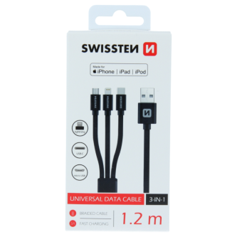 Dátový kábel Swissten 3v1 MFi 1,2 m čierny 