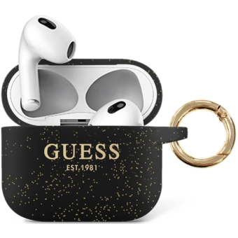 Silikónové puzdro Guess na Apple Airpods 3 GUA3SGGEK Glitter Printed Logo čierne