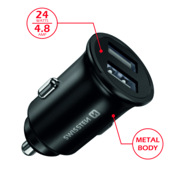 Autonabíjačka SWISSTEN 2x USB 4.8A, 24W Metal Mini - čierna (ECO balenie) 