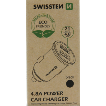 Autonabíjačka SWISSTEN 2x USB 4.8A, 24W Metal Mini - čierna (ECO balenie) 