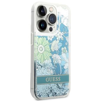 Plastové puzdro Guess na Apple iPhone 14 Pro GUHCP14LLFLSN Liquide Glitter Flower zelené