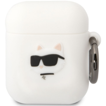 Silikónové puzdro Karl Lagerfeld na Apple AirPods 1 / 2 KLA2RUNCHH 3D Choupette Head Logo NFT biele