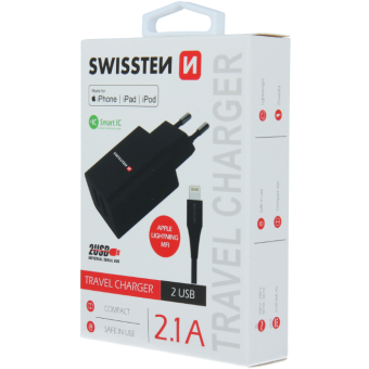 Sieťová nabíjačka Swissten MFI SMART IC 2xUSB 2,1A POWER+kábel USB/Lightning,1.2 M čierna