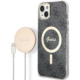 Set plastové puzdro a nabíjačka Guess na Apple iPhone 14 Plus GUBPP14MH4EACSK Magsafe 4G zlato-čierna