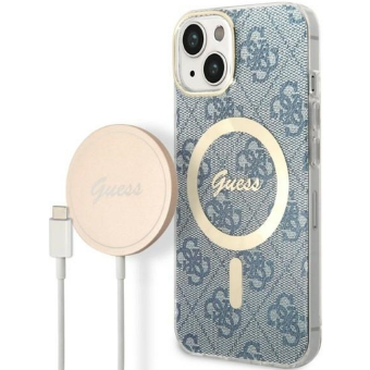 Set plastové puzdro a nabíjačka Guess na Apple iPhone 14 Plus GUBPP14MH4EACSB Magsafe 4G zlato-modrá