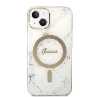 Set plastové puzdro a nabíjačka Guess na Apple iPhone 14 Plus GUBPP14MHMEACSH Magsafe IMG Marble zlato-biele