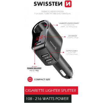 Autonabíjačka Swissten 108W-216W 1xUSB-C PD (30w)/2xUSB-A/1CL