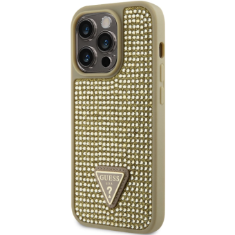 Plastové puzdro Guess na Apple iPhone 14 Pro GUHCP14LHDGTPD Rhinestones Triangle Metal Logo zlaté