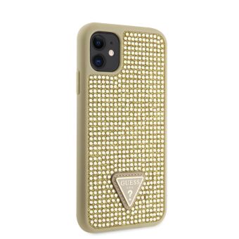 Plastové puzdro Guess na Apple iPhone 11 GUHCN61HDGTPD Rhinestones Triangle Metal Logo zlaté