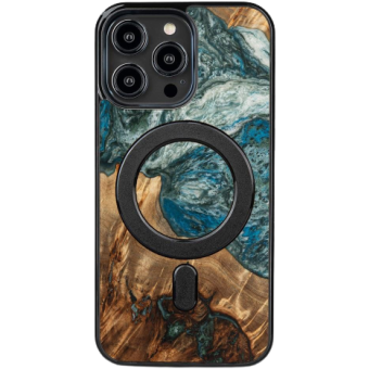 Drevené puzdro na Apple iPhone 14 Pro Bewood Unique Planet Earth MagSafe Wood and Resin modro-zelené