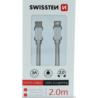 Kábel SWISSTEN Textile, USB-C na Lightning, 2m, strieborný