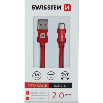 Kábel SWISSTEN Textile, USB-A na USB-C 3.0A, 2m červený