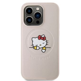 Plastové puzdro Hello Kitty na Apple iPhone 15 Pro HKHMP15LPMHSKP PU Kitty Asleep Logo MagSafe ružové