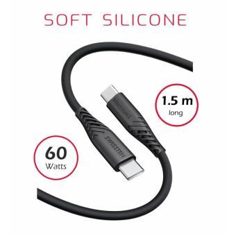 SWISSTEN SOFT SILICONE, USB-C na USB-C, 1.5m, 60W, čierrny