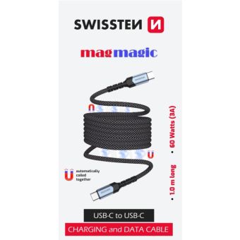 SWISSTEN magmagic Magnetický dátový kábel samonavíjací USB-C/USB-C 3A 60W 1m