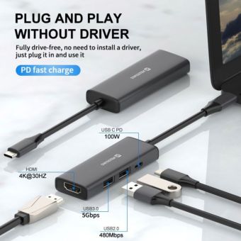 SWISSTEN USB-C HUB 4-IN-1 USB-C 100W, HDMI 4K, 2x USB-A ALUMINIUM