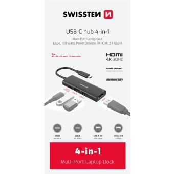 SWISSTEN USB-C HUB 4-IN-1 USB-C 100W, HDMI 4K, 2x USB-A ALUMINIUM