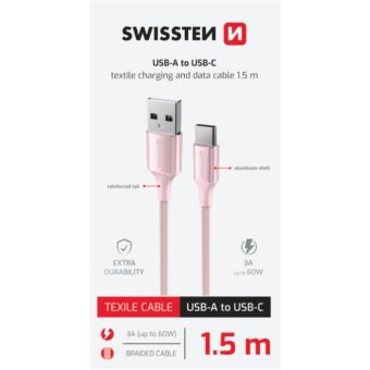 SWISSTEN TEXTILE II USB-A/USB-C 60W 3A 1,5m ružový