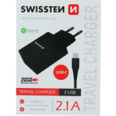 Sieťová nabíjačka Swissten Smart IC 2 x USB + USB-C kábel 2.1A 10,5W čierna
