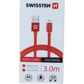 Dátový kábel opletený Swissten USB/Lightning (8 pin) 3.0A, 3.0m červený