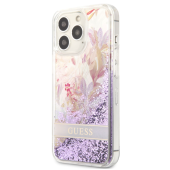 Plastové puzdro Guess na Apple iPhone 13 Pro GUHCP13LLFLSU Liquid Glitter Flower fialové