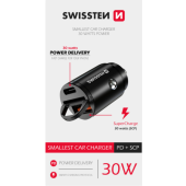 Autonabíjačka SWISSTEN 1xUSB-C 1x USB 30W Nano čierna
