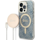 Set plastové puzdro a nabíjačka Guess na Apple iPhone 14 Pro GUBPP14LH4EACSB Magsafe 4G zlato-modrá