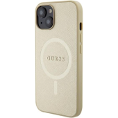 Plastové puzdro Guess na Apple iPhone 15 Plus GUHMP15MPSAHMCB Saffiano MagSafe béžové