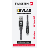 SWISSTEN Kevlar, USB-A na Lightning 8pin, 3A, 60W, 1.5m, čierny