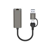 XO HUB018, adaptér/redukcia 2v1 USB-A/USB-C na RJ45, sivá
