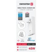 SWISSTEN Univerzálny Adaptér GaN 45W ,USB-C,USB-A , výmenná vidlica (US, EU, UK), biely