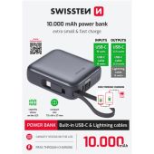 Swissten Space PowerBank 10000 mAh, 22.5W integrované káble (USB-C, Lighting), strieborná