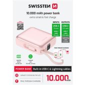 Swissten Space PowerBank 10000 mAh, 22.5W integrované káble (USB-C, Lighting), ružová