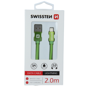 Dátový kábel opletený Swissten USB/Lightning (8 pin) 3.0A, 2.0m zelený