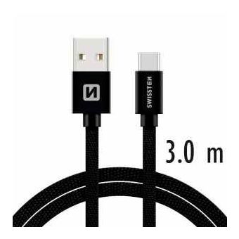 Kábel ppletený Swissten USB/USB-C 3.0A, 3m - čierny