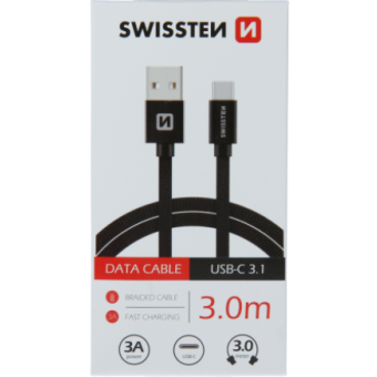 Kábel ppletený Swissten USB/USB-C 3.0A, 3m - čierny