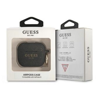 Silikónové puzdro Guess na Apple Airpods 3 GUA3SGGEK Glitter Printed Logo čierne