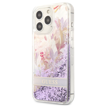 Plastové puzdro Guess na Apple iPhone 13 Pro GUHCP13LLFLSU Liquid Glitter Flower fialové