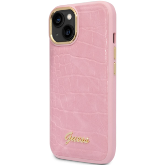 Plastové puzdro Guess na Apple iPhone 14 Plus GUHCP14MHGCRHP PU Croco Metal Camera Outline ružové