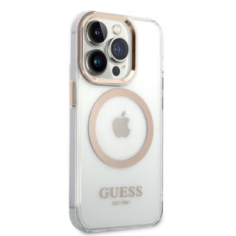 Plastové puzdro Guess na Apple iPhone 14 Pro Max GUHMP14XHTRMD Transparent MagSafe zlaté