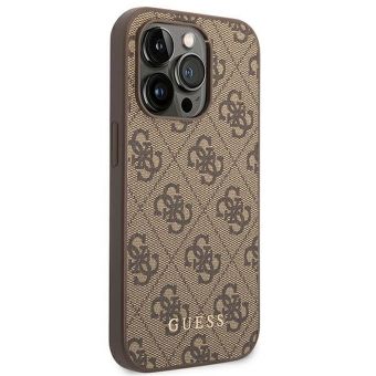 Plastové puzdro Guess na Apple iPhone 14 Pro Max GUHCP14XG4GFBR 4G Gold Logo hnedé