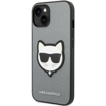 Plastové puzdro Karl Lagerfeld na Apple iPhone 14 Plus KLHCP14MSAPCHG PU Saffiano Choupette Head Patch strieborné