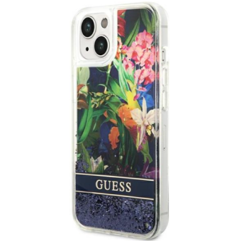 Plastové puzdro Guess na Apple iPhone 14 GUHCP14SLFLSB Flower Liquid Glitter modré